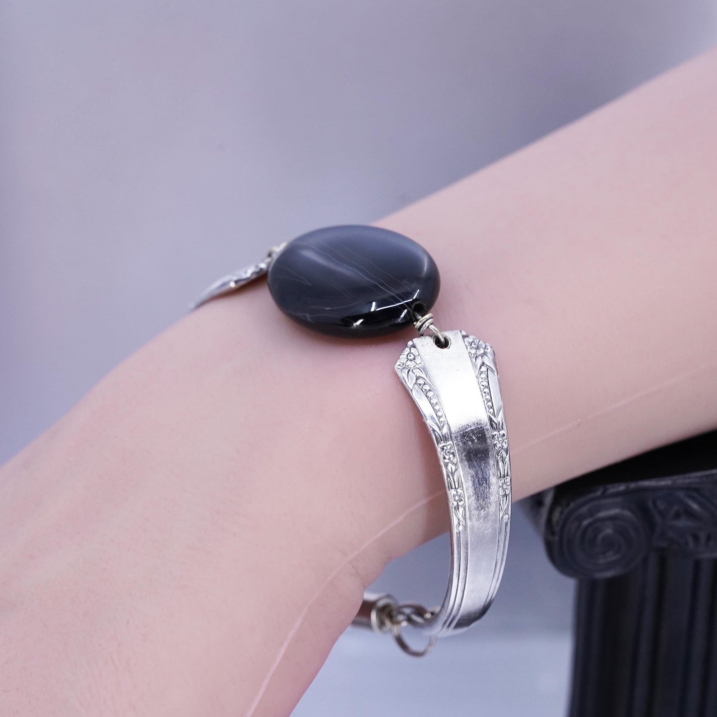 6.75”, Vintage silver tone handmade bracelet, spoon bangle with onyx