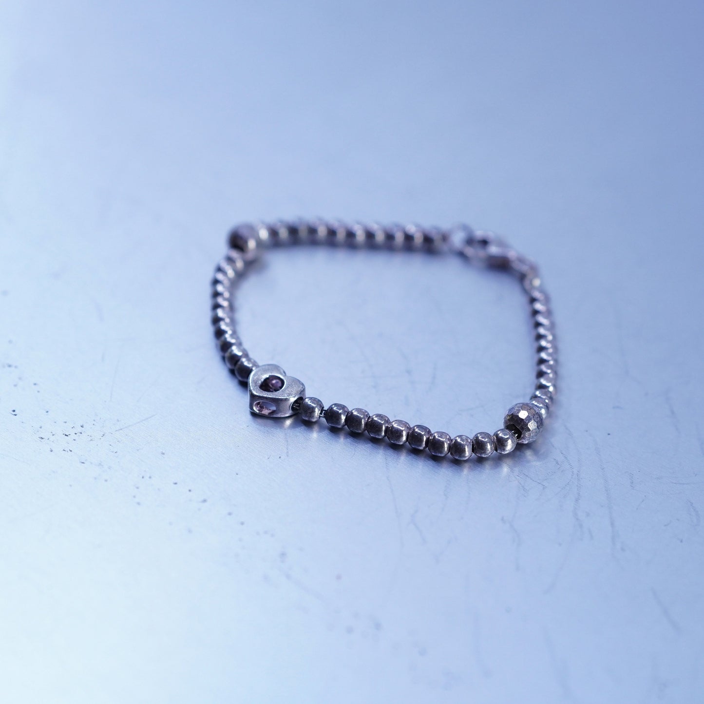 5.5”, Vintage Sterling 925 silver handmade bead bracelet chain with heart charm