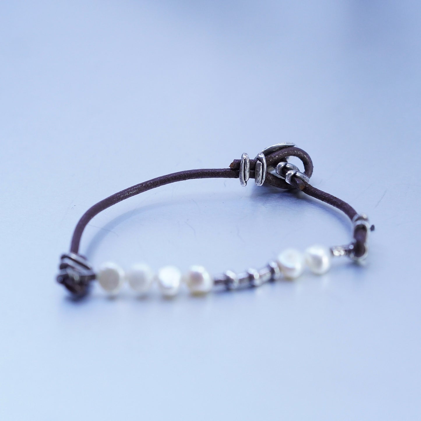 6.75”, VTG silpada B1062 Sterling 925 silver handmade leather bracelet pearl