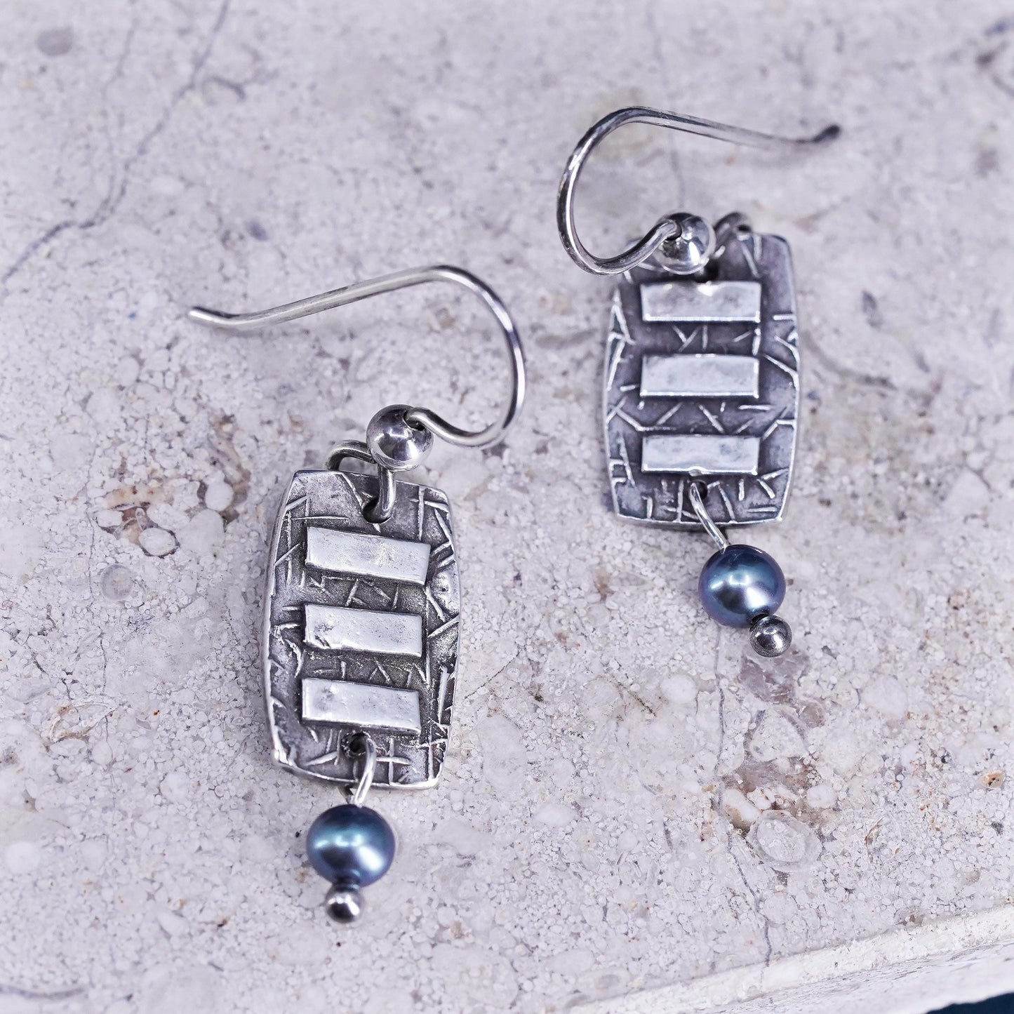 Vintage Sterling silver 925 handmade tag earrings with black pearl dangles
