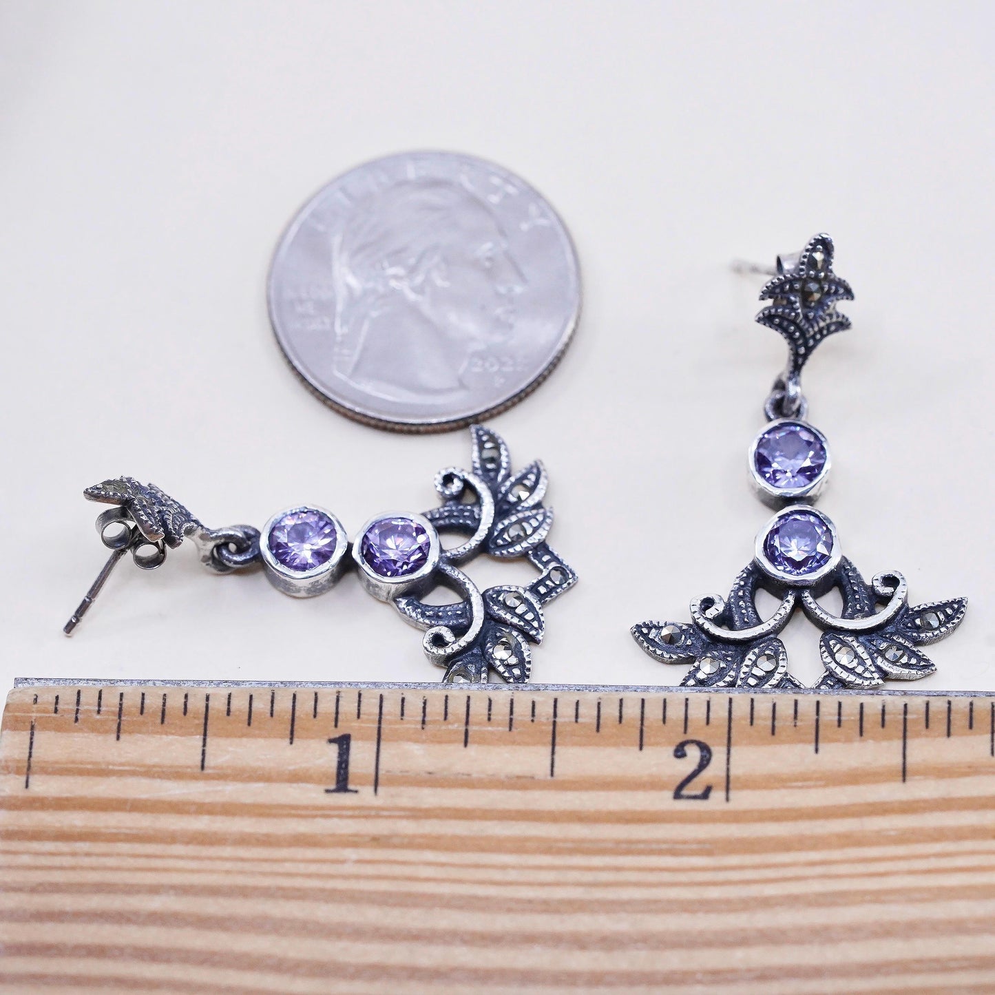 Art Deco 925 sterling silver earrings teardrop amethyst and cluster marcasite