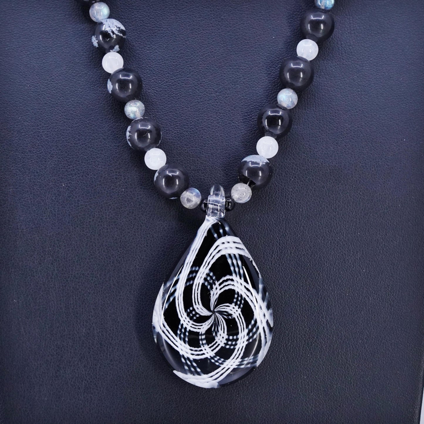 16+2", Sterling Silver 925 necklace with fossil coral labradorite glass pendant