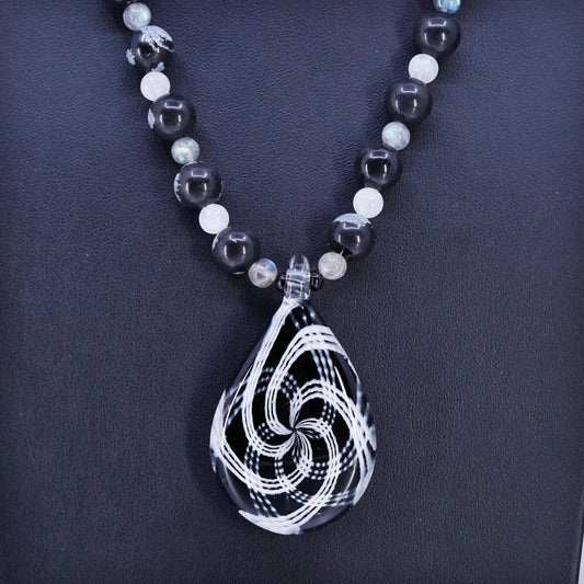 16+2", Sterling Silver 925 necklace with fossil coral labradorite glass pendant