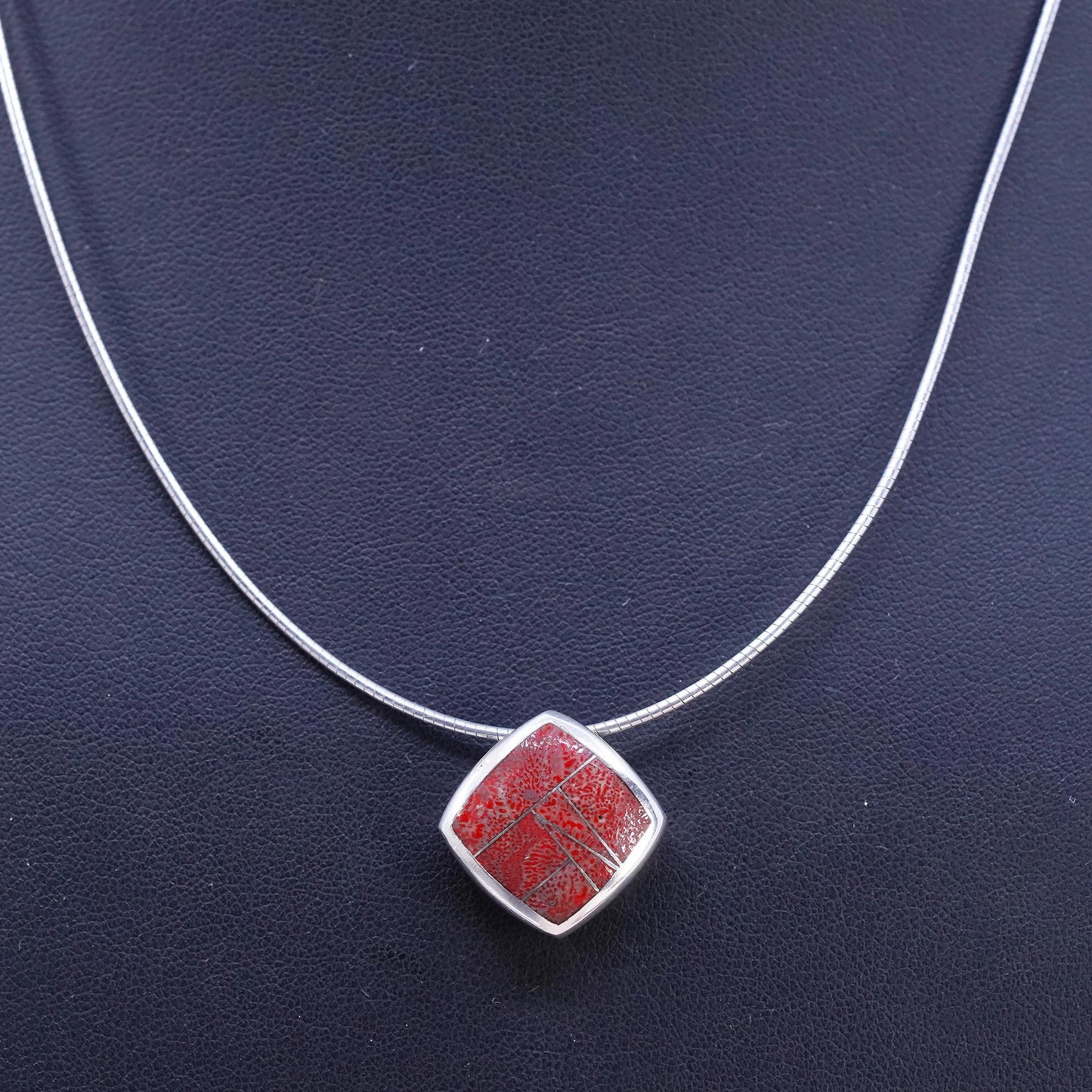 18”, Native American Sterling 925 silver snake necklace square pendant coral