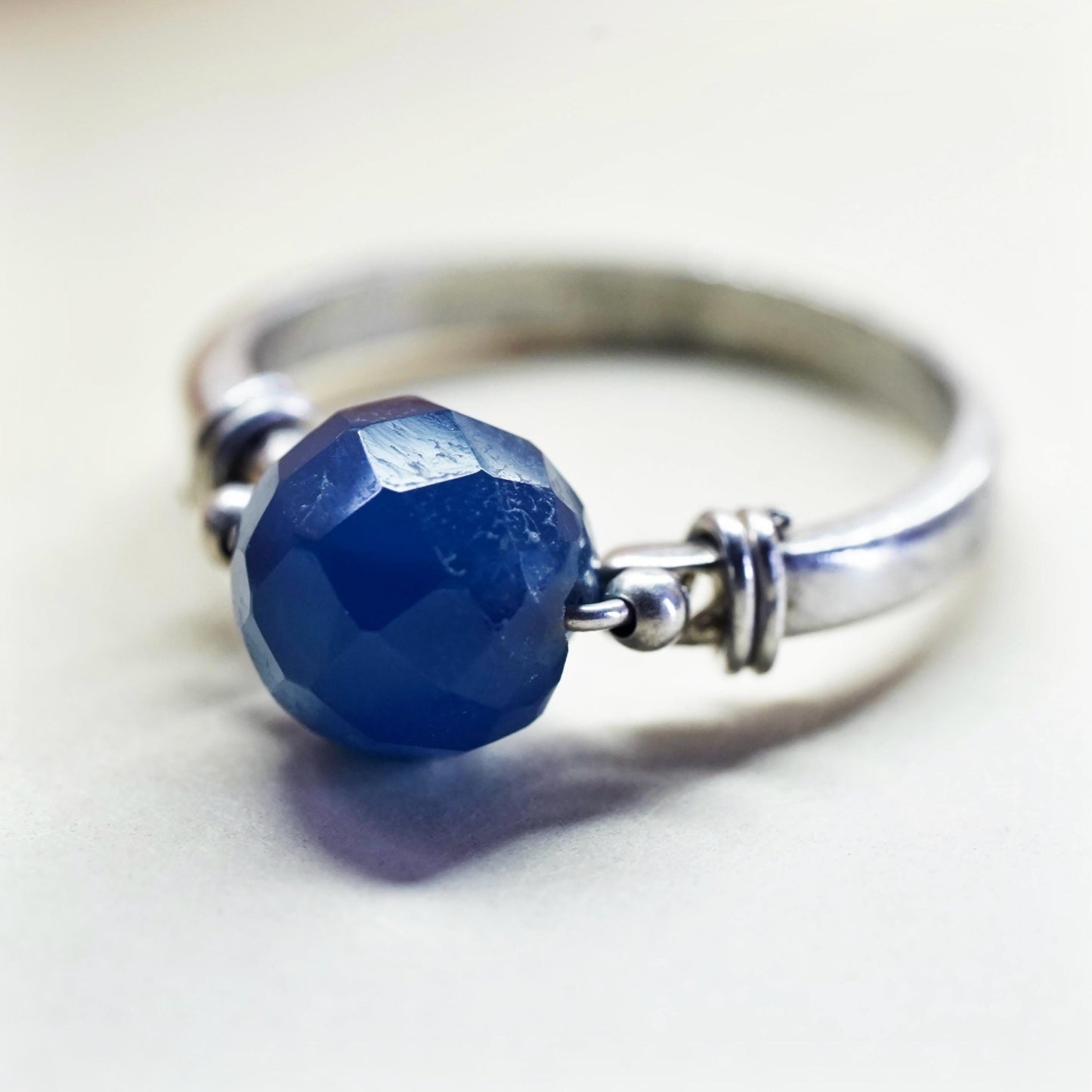 Size 5, Vintage sterling silver handmade ring with blue chalcedony bead