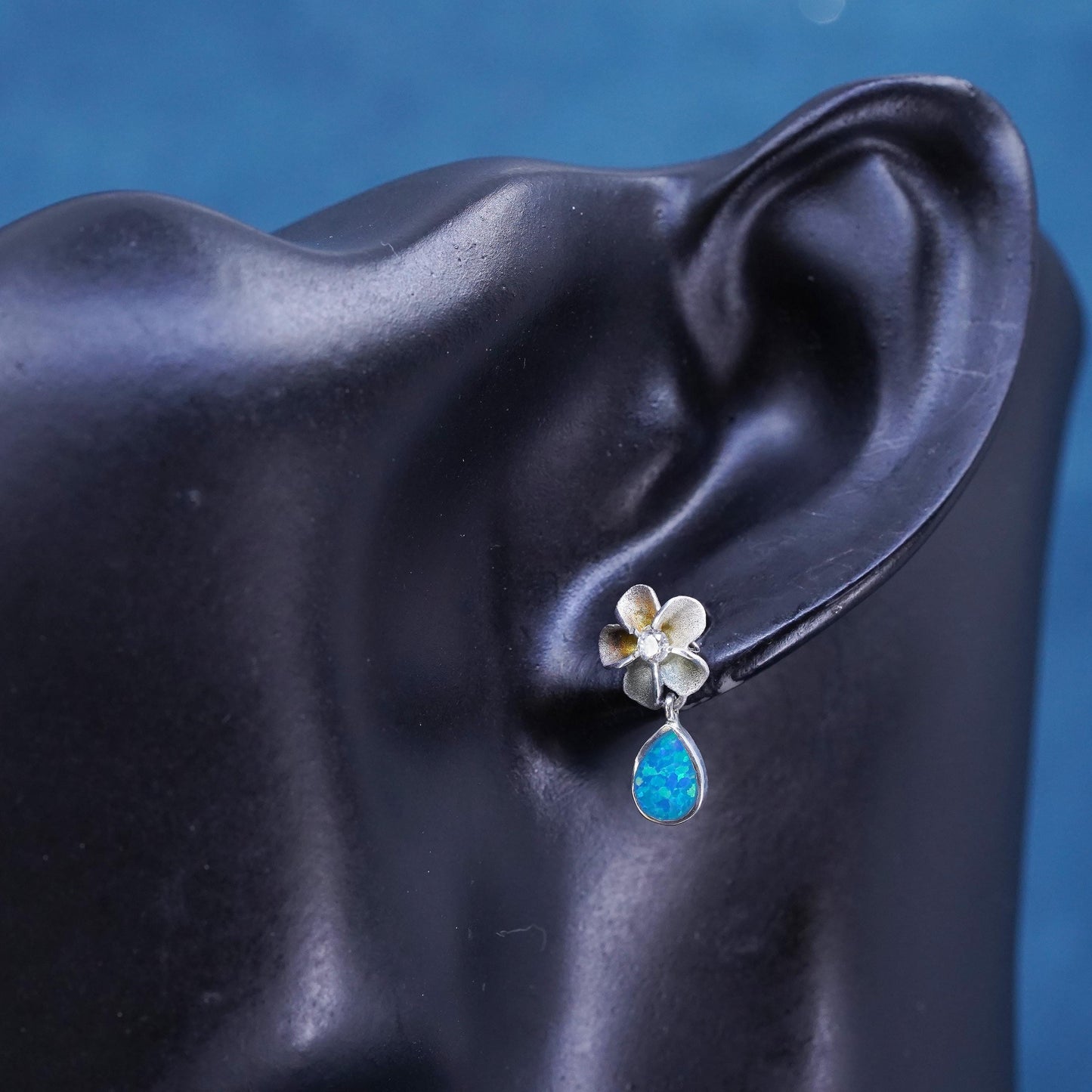 VTG Sterling silver earrings, 925 plumeria flower drops cz teardrop fire opal