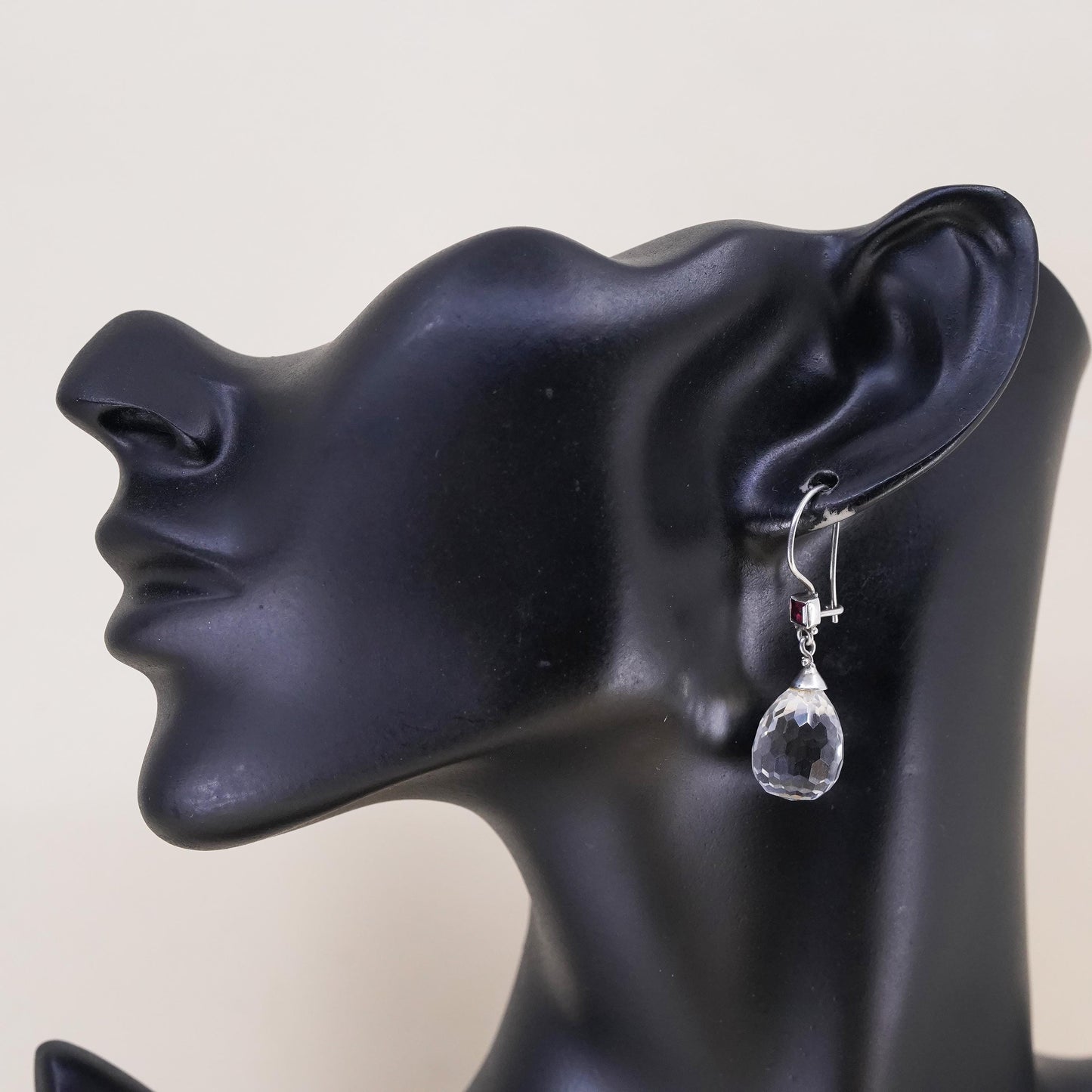 Vintage sterling silver 925 earrings with teardrop crystal drops ruby details