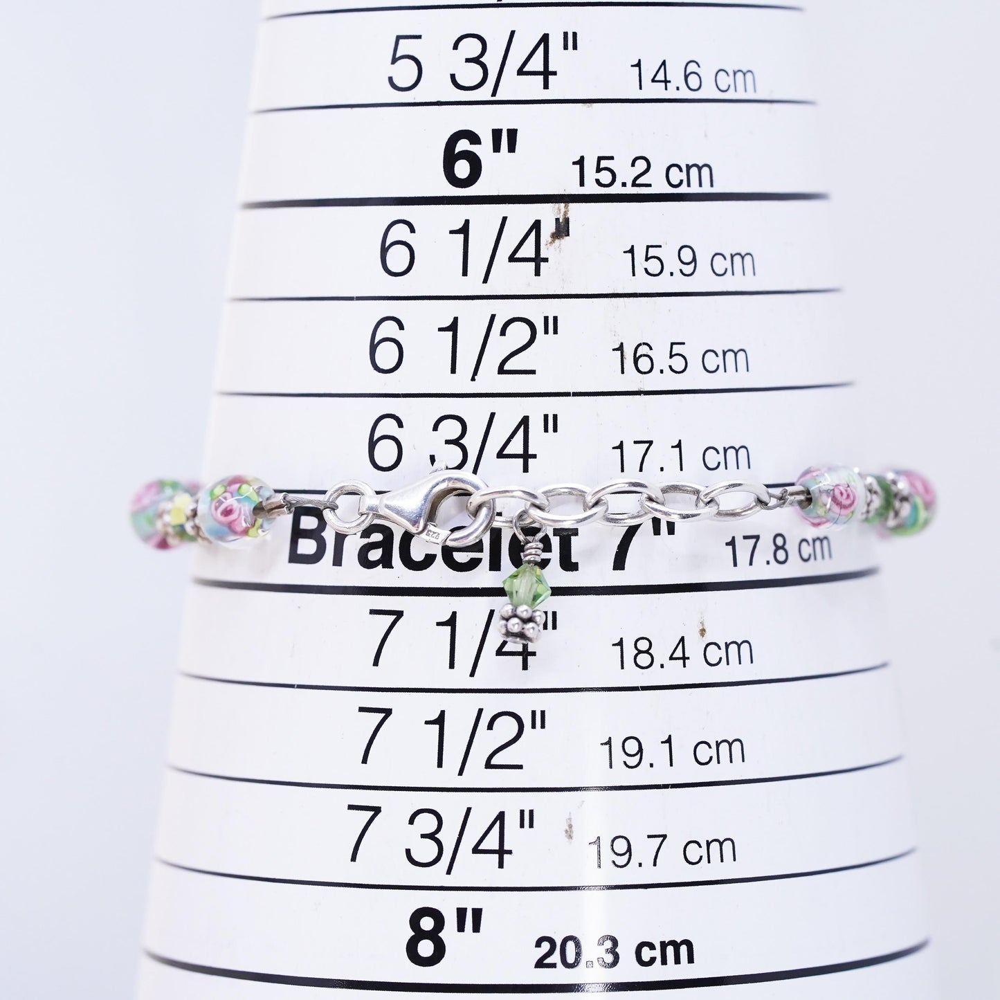 7", vintage 925 Sterling silver handmade bracelet artisan floral glass beads