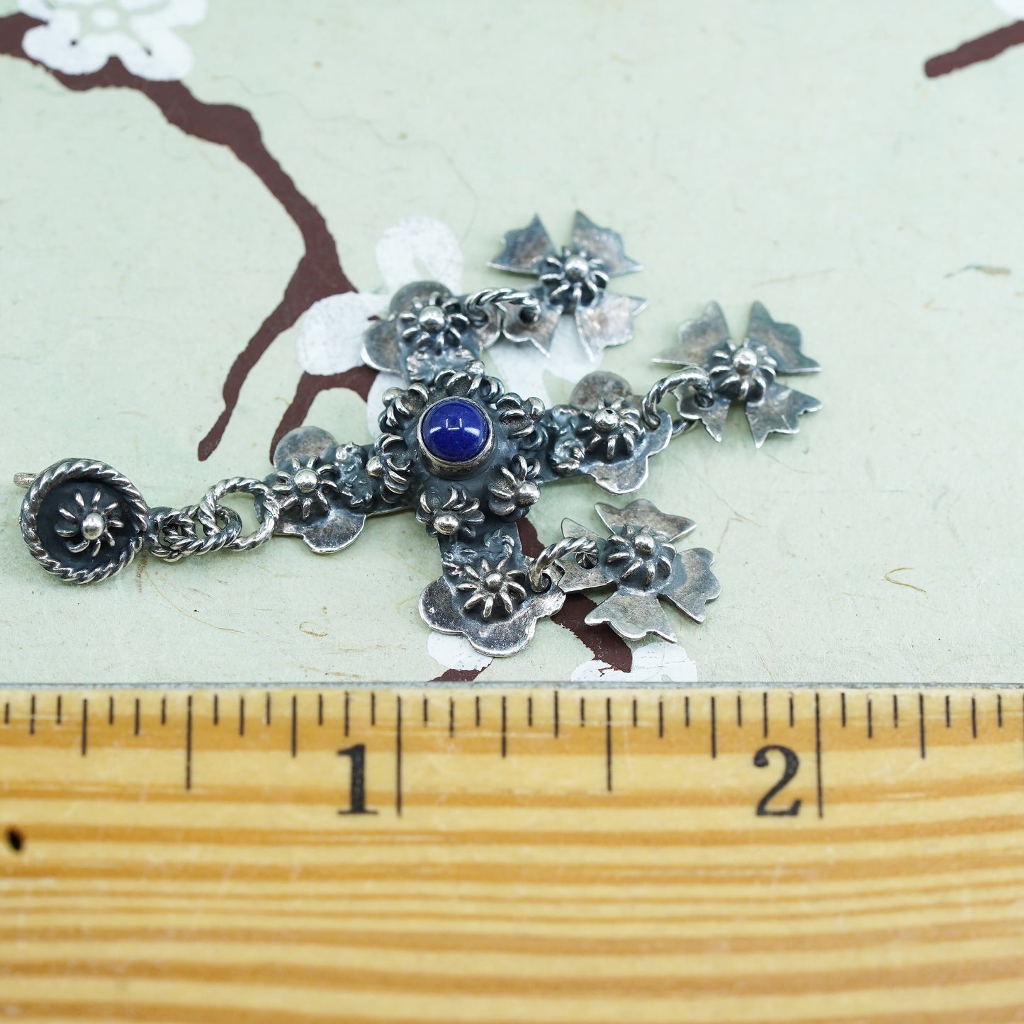 Taxco Mexico sterling Silver 925 Jerusalem cross Pendant floral dangles onyx