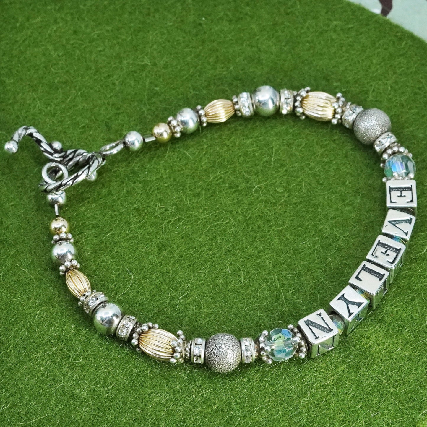 7”, 14K gold beads with Sterling 925 Silver beads bracelet name “Evelyn” cubes