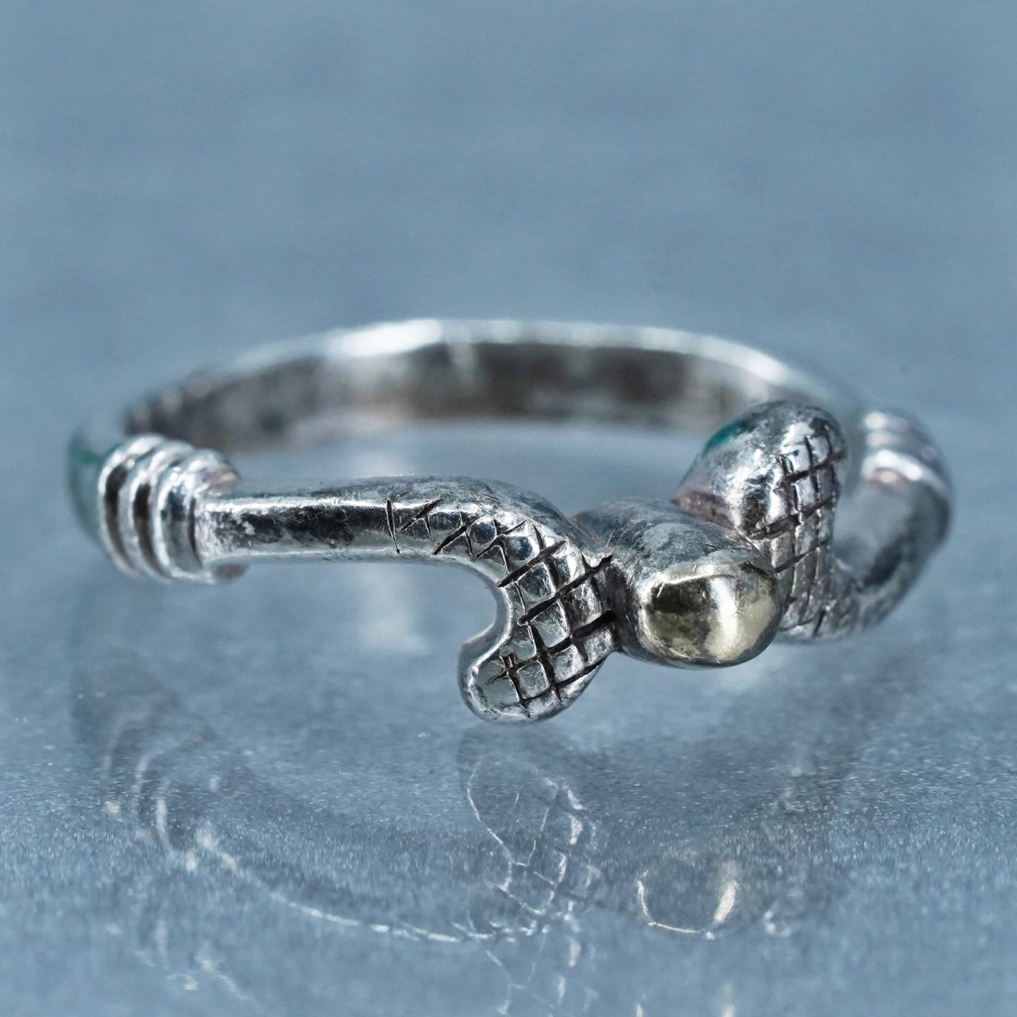 Size 7.25, Sterling 925 silver ring, gold club band with 14K yellow gold ball