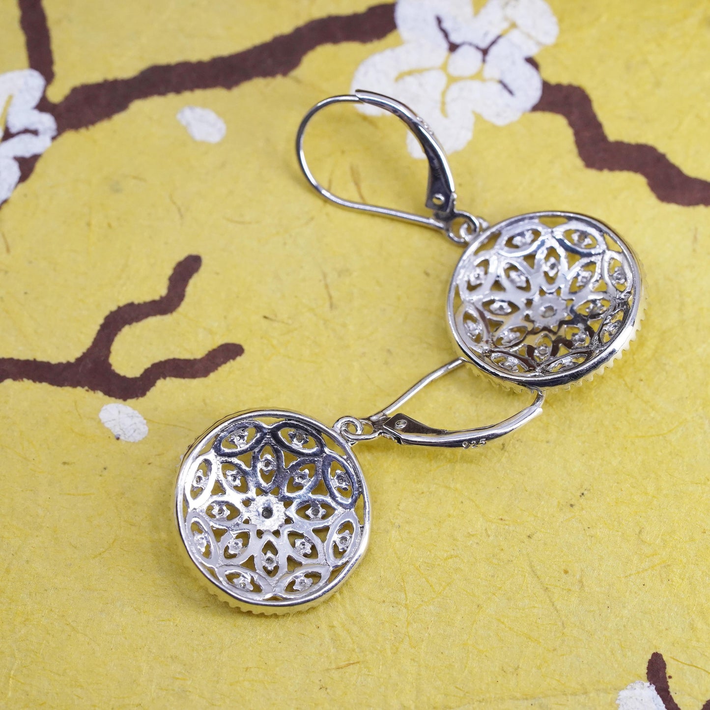 vintage Sterling silver handmade earrings, 925 flower rose with cluster diamond
