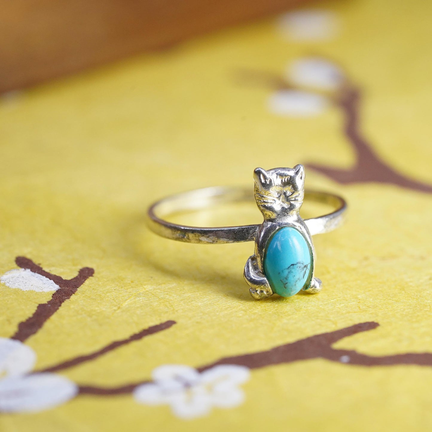 Size 4.75, Sterling 925 silver cat kitty ring turquoise, southwestern jewelry