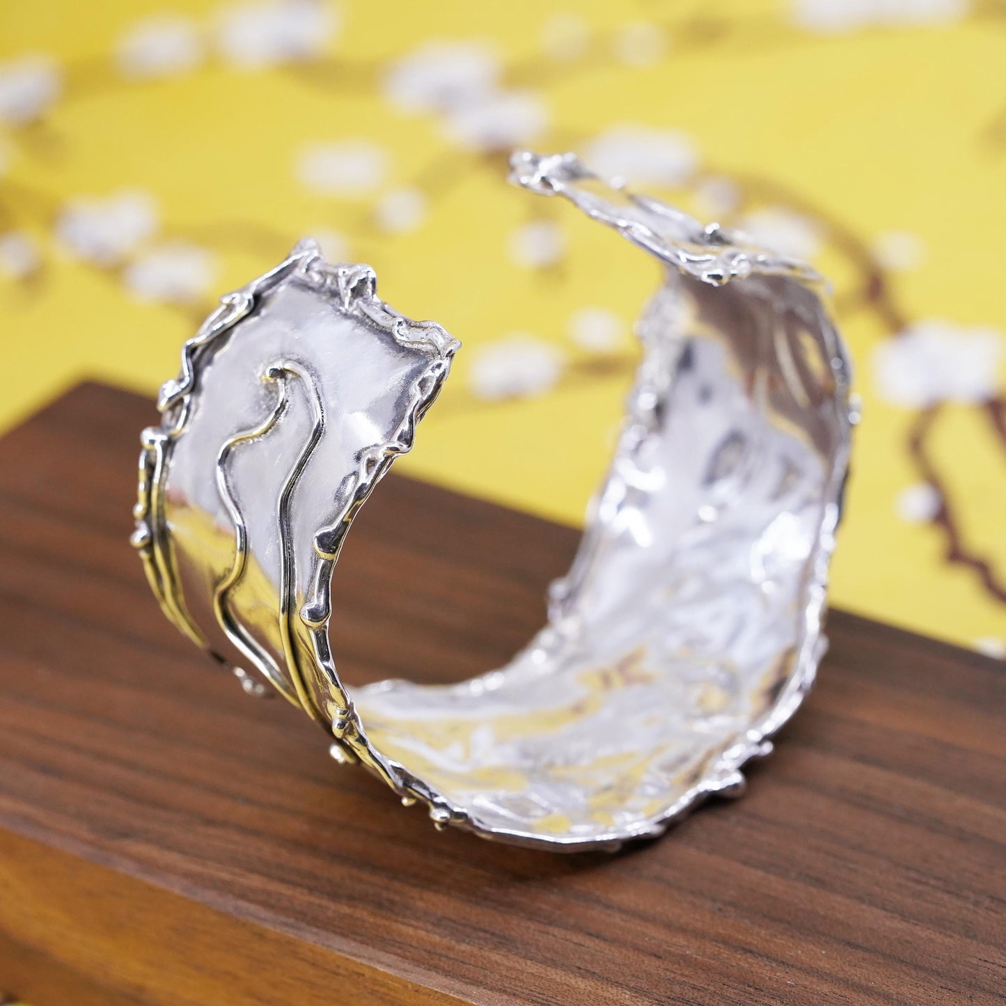 6.5", Vintage Sterling silver handmade bracelet, 925 wide cuff hammered texture