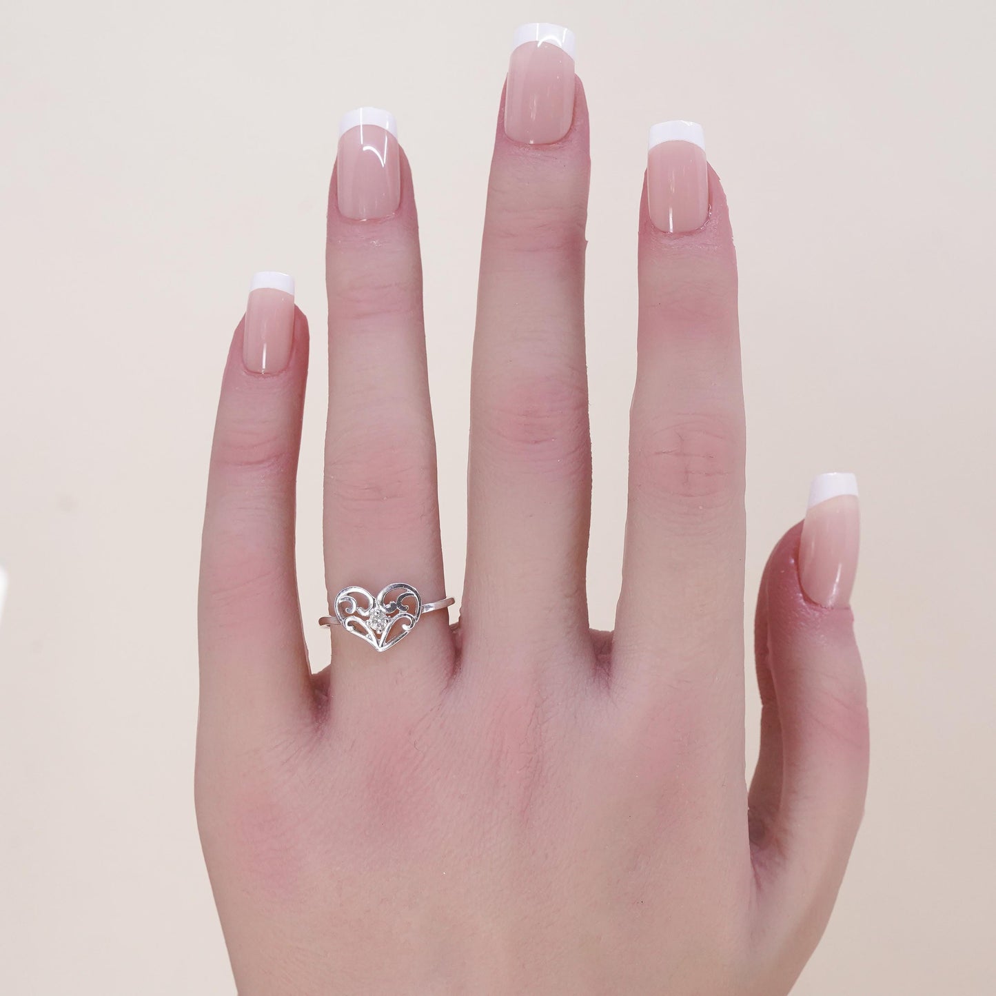 Size 7.25, Vintage sterling silver handmade ring, swirly heart ring with cz