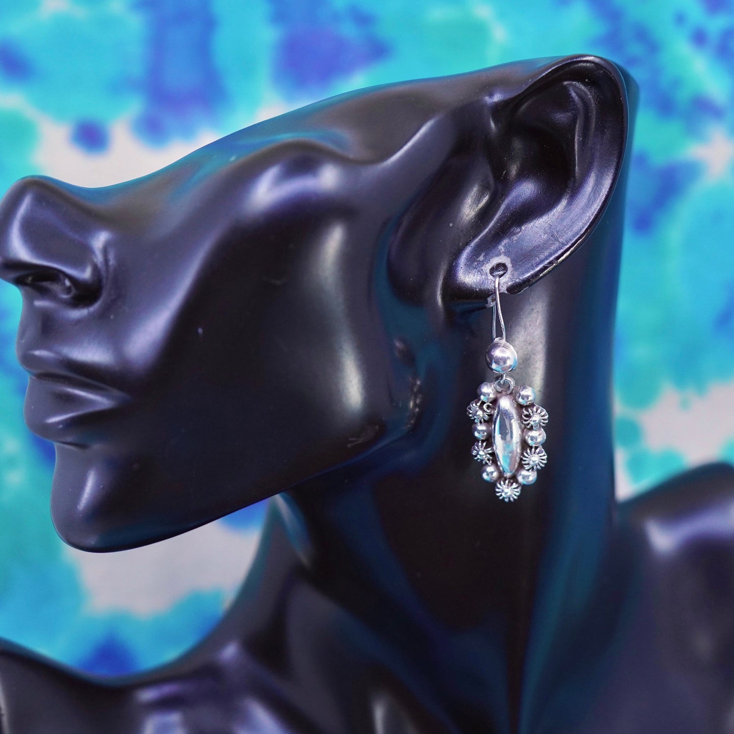 Vintage sterling silver handmade earrings, 925 marquise shaped beaded drop