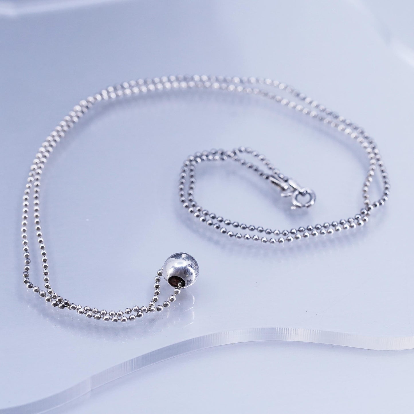 23” 1mm, vintage Italian Sterling 925 silver bead chain necklace with bead