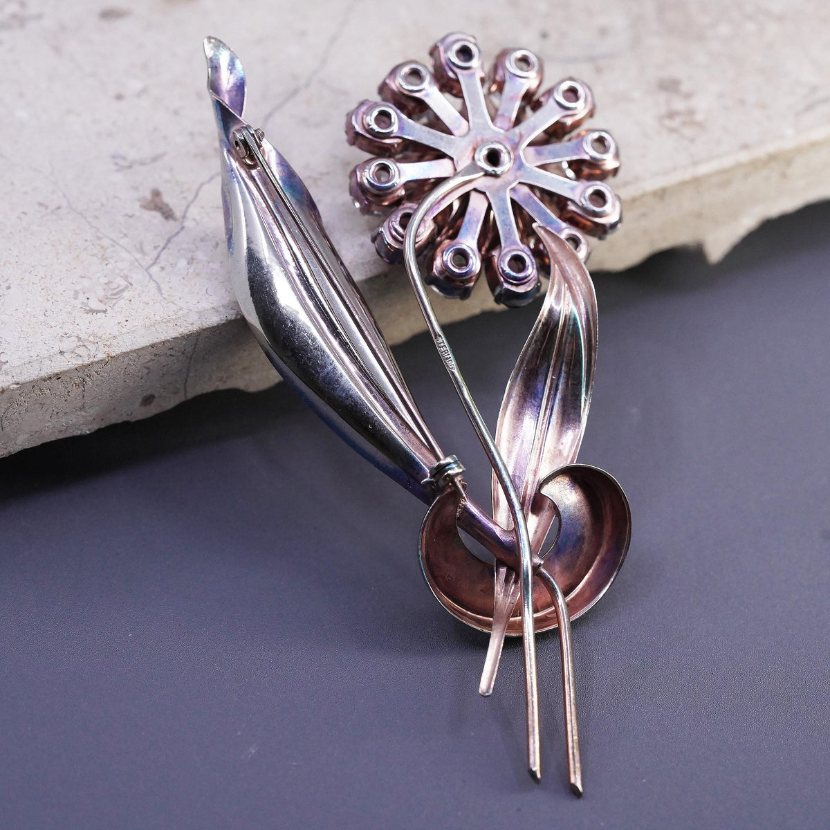 Sterling 925 Silver Crystal Rhinestone Flower Brooch Large Floral Bouquet Pin