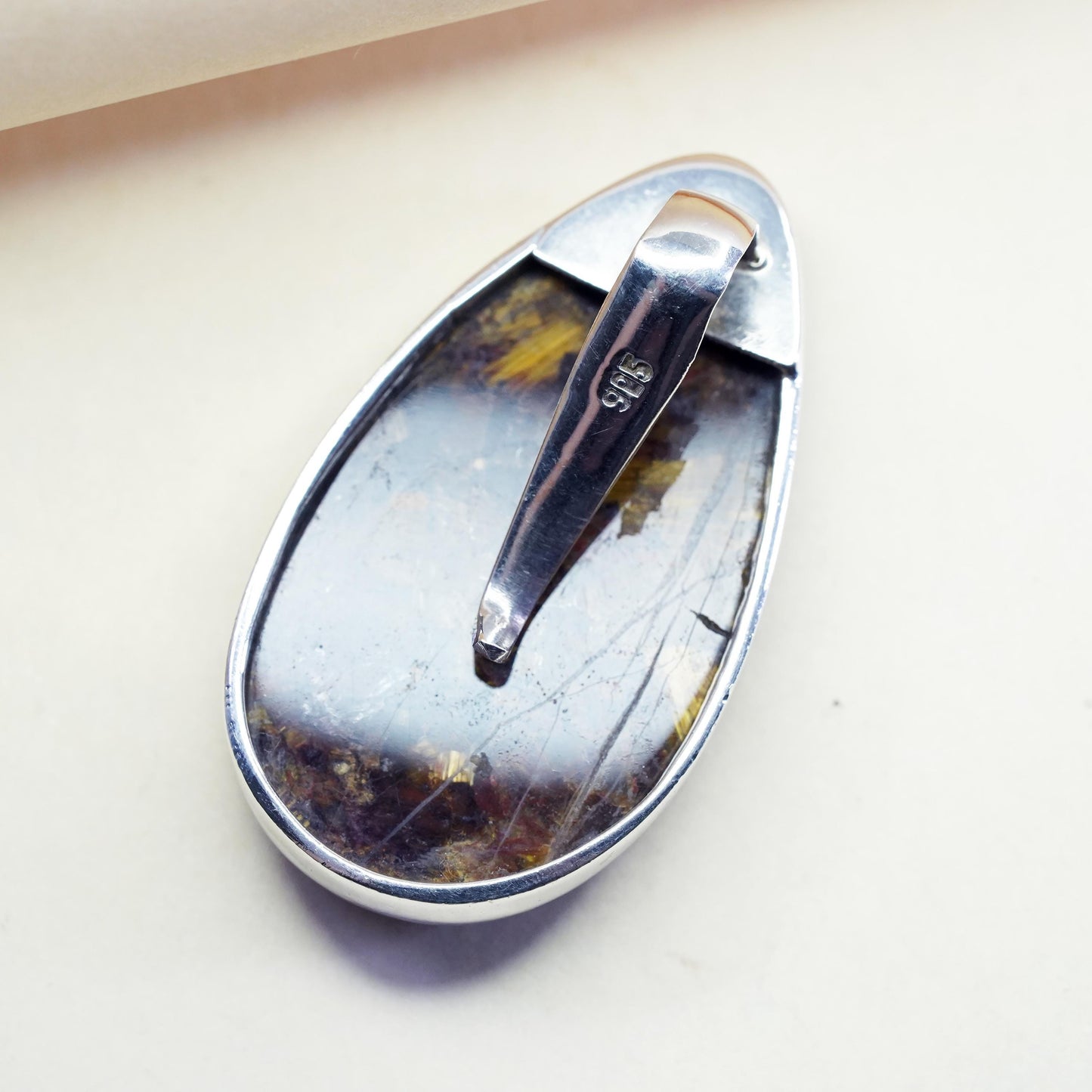 Vintage sterling silver teardrop with golden Pietersite, 925 handmade pendant