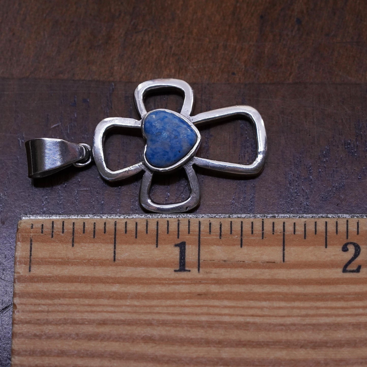 Vintage Sterling Silver 925 handmade cross pendant with heart denim Lapis