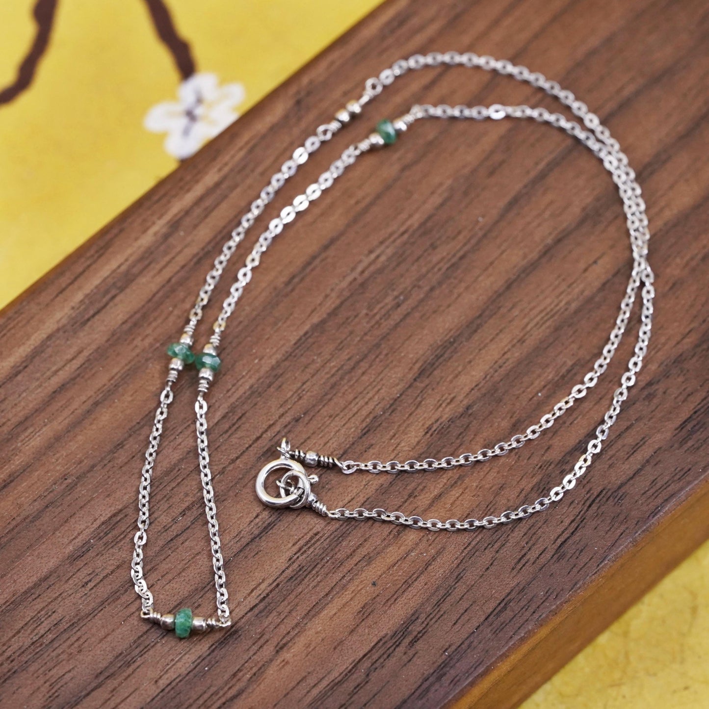 15", vintage Sterling silver circle chain w/ emerald beads, Italy 925 necklace
