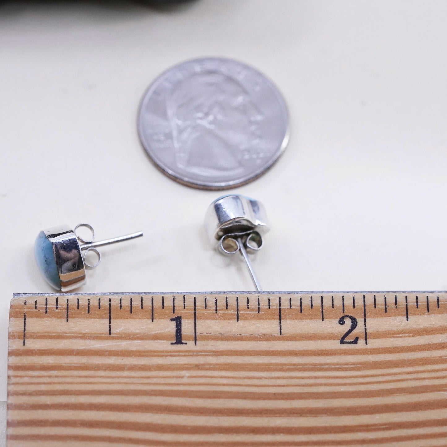 Native American handmade earrings. Sterling 925 silver heart studs with larimar