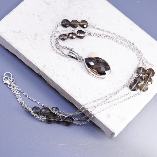 26", Sterling 925 Silver double strands necklace, Smoky Quartz teardrop pendant