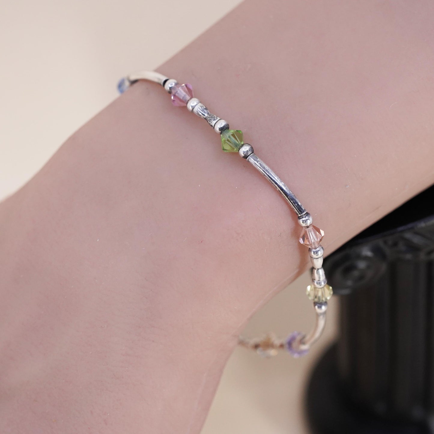 7.5", Vintage sterling silver bracelet, 925 silver cube bangle w/ crystal beads