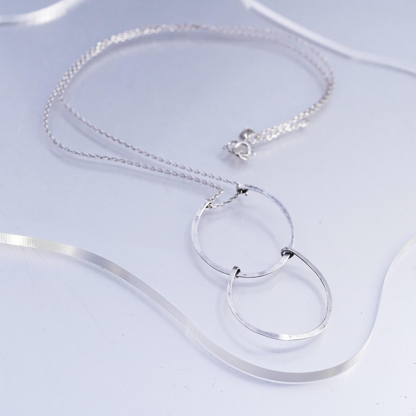 20" 1mm, vintage Sterling 925 silver circle necklace with double circle pendant