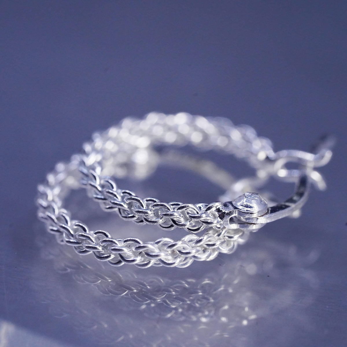 0.5", VTG 925 Sterling Silver Handmade Earrings, 925 huggie mesh chain hoops
