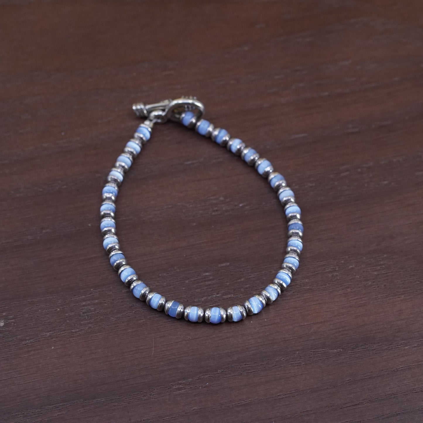 7.25”, vintage Sterling 925 silver beads bracelet with blue cat eye beads