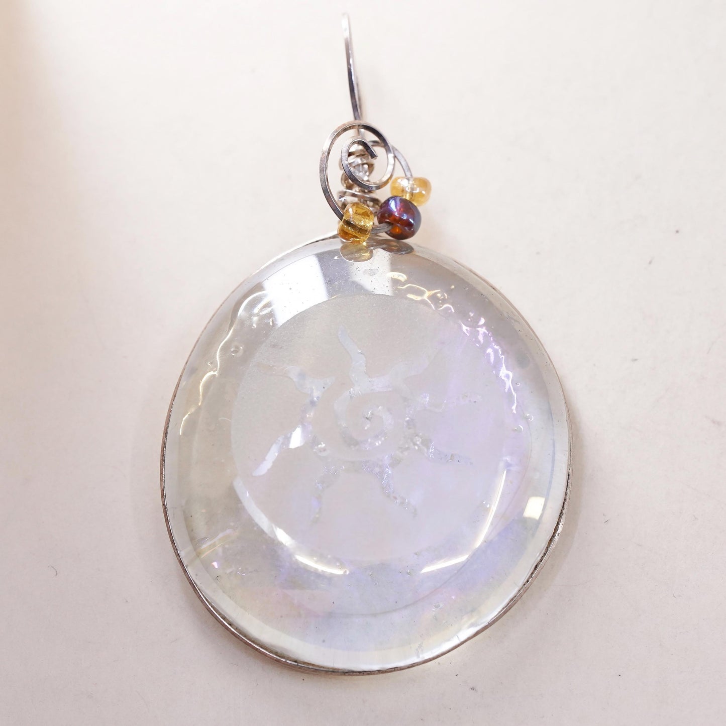 Vintage Mexican sterling silver wire w/ handmade dichroic foiled glass pendant