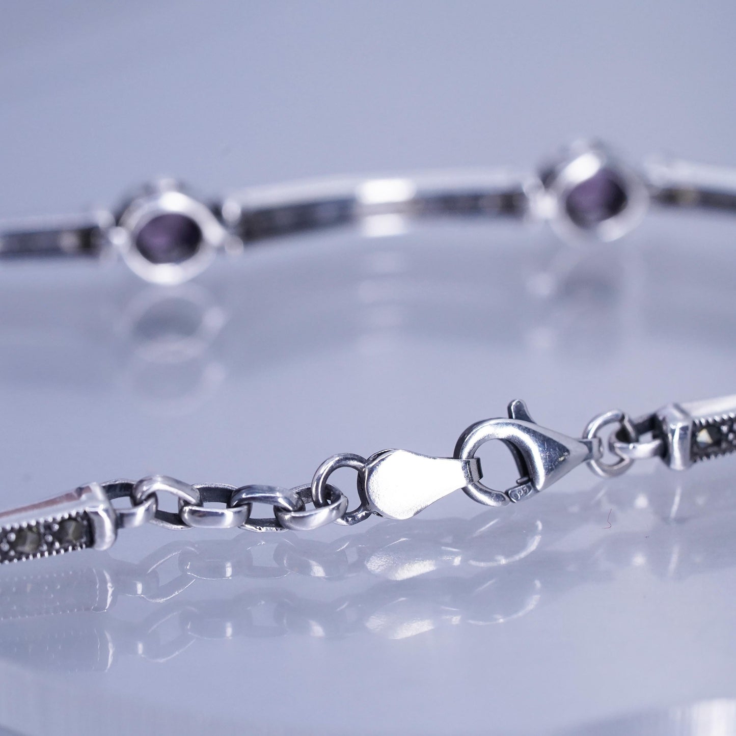 7.5”, Sterling 925 silver handmade bracelet, marcasite amethyst tennis chain