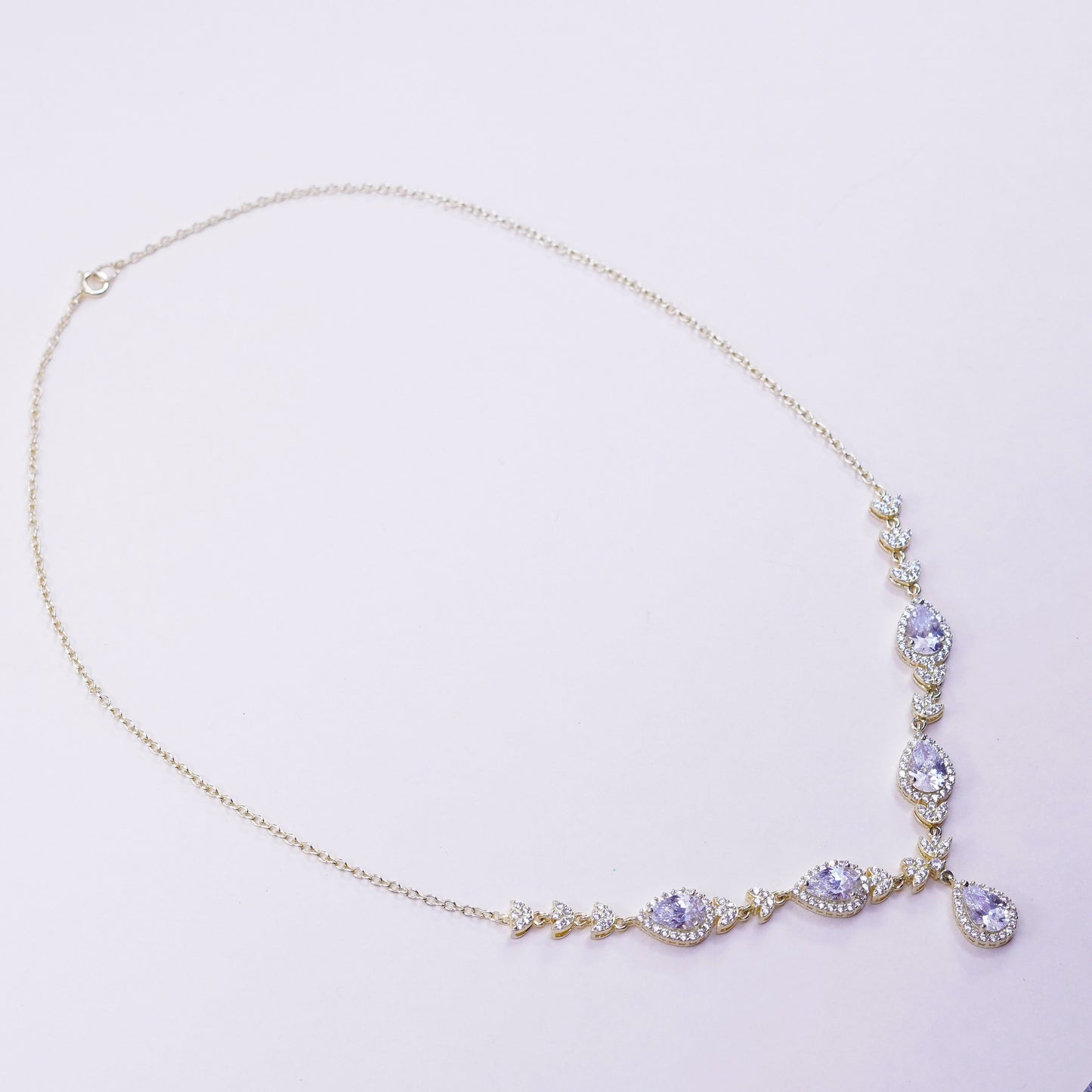 17”, 1mm, Vintage Vermeil gold over sterling silver necklace, 925 circle link chain with teardrop pendant and Cz, stamped 925 China