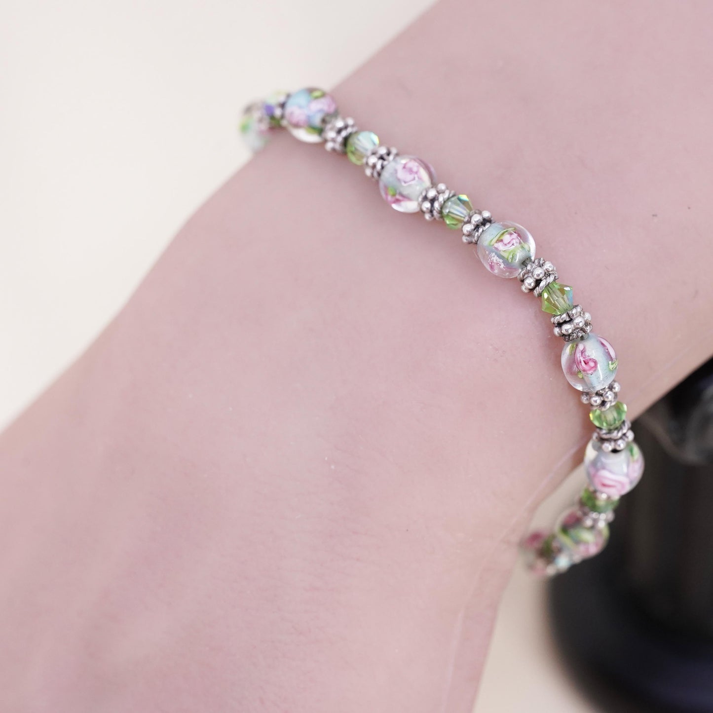 7", vintage 925 Sterling silver handmade bracelet artisan floral glass beads
