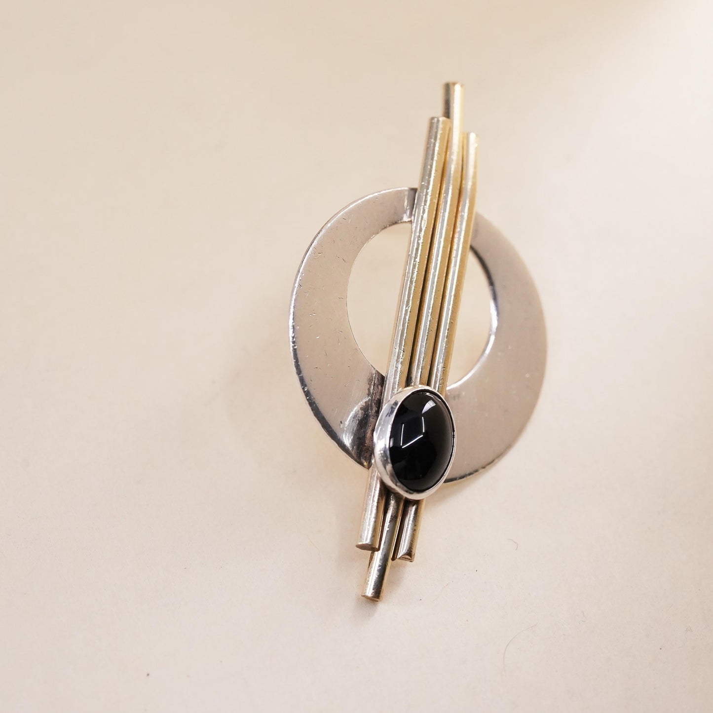 PJP gold filled two tone sterling silver single earring, modern 925 disc onyx
