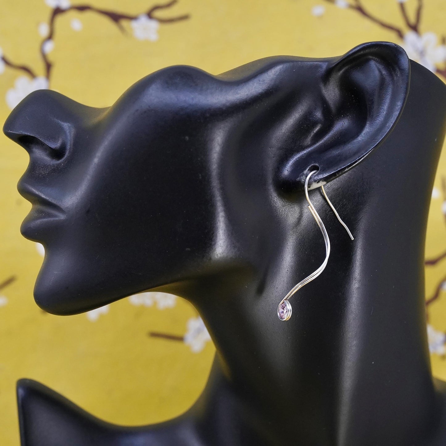 Vintage Sterling 925 silver wavy handmade earrings with pink crystal