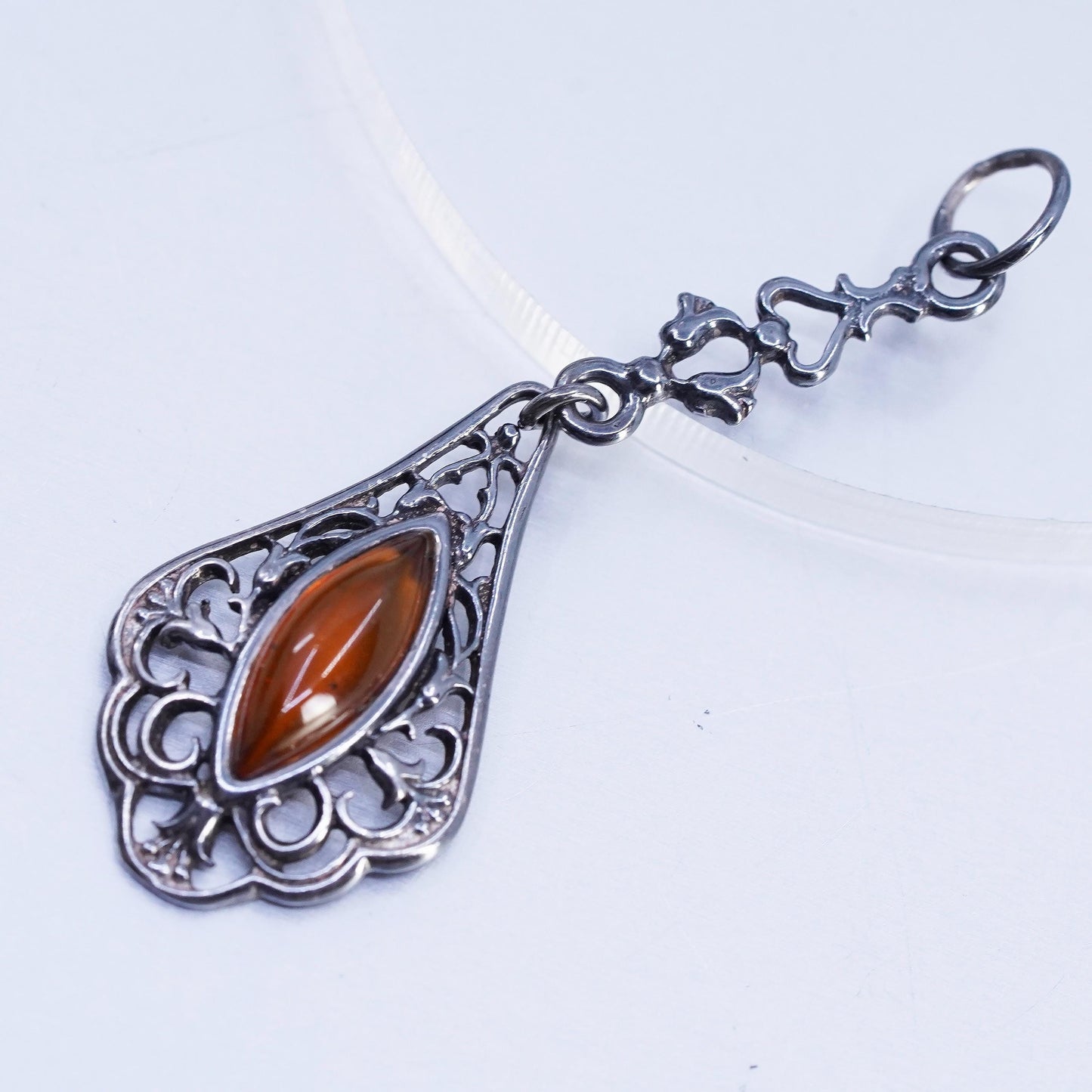 Vintage sterling 925 silver handmade filigree pendant with amber