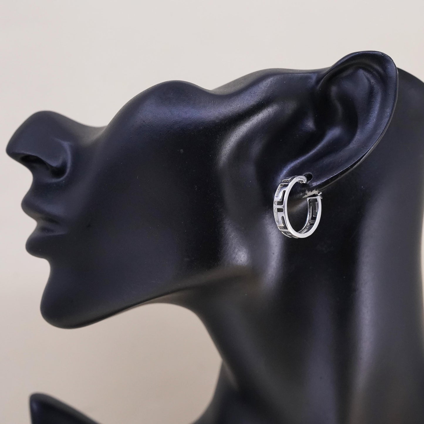 0.75", Vintage sterling silver loop earrings, fashion Greek key primitive hoops