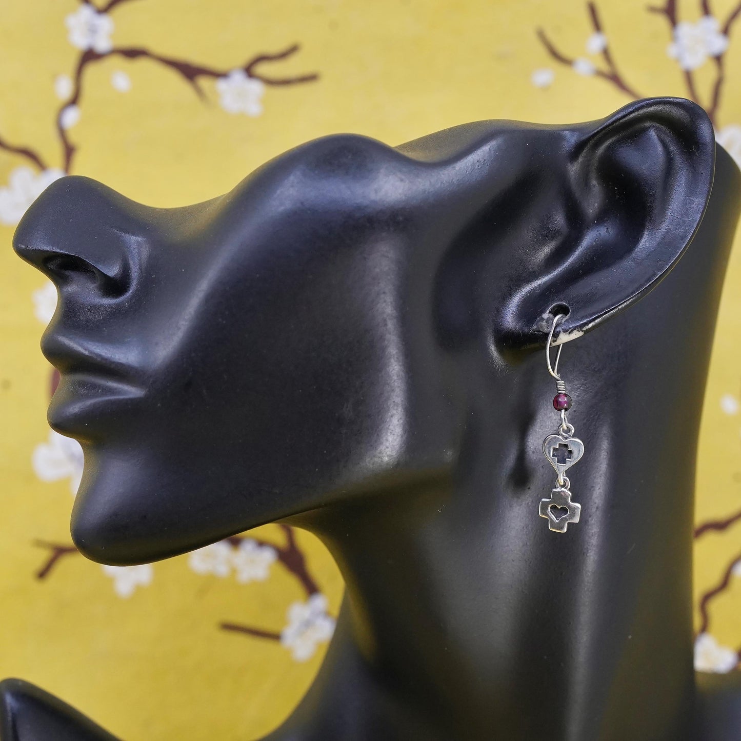 vintage handmade sterling silver earrings, 925 heart cross shaped dangles