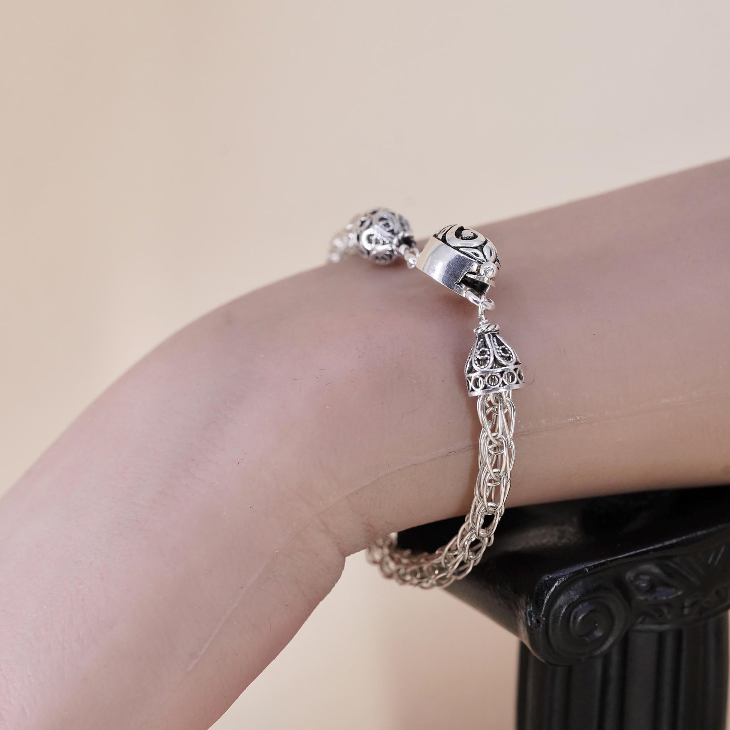 6.25”, vintage sterling silver bracelet, 925 wheat chain with filigree clasp