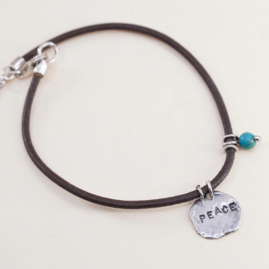7”, Ralph Lauren Sterling silver 925 bracelet leather core and peace tag charm