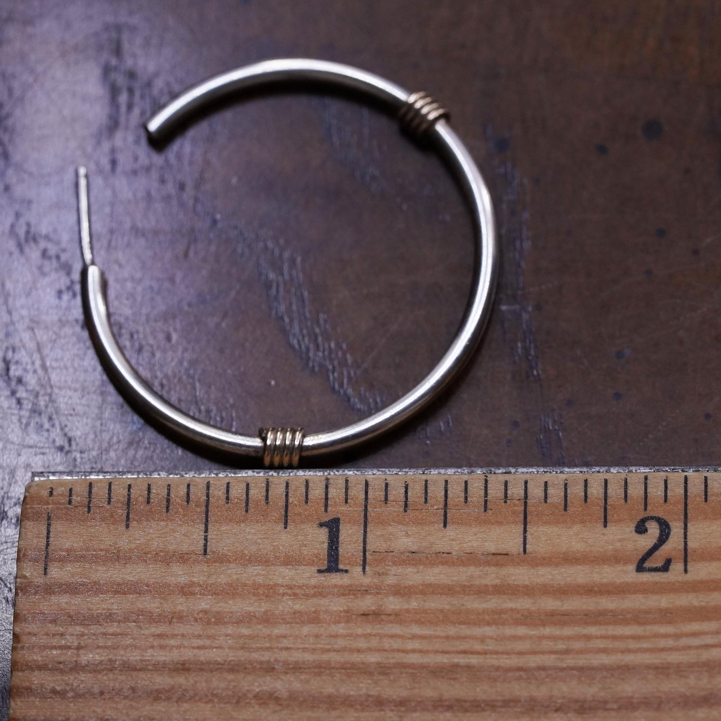1.5", two tone sterling 925 silver loop single earring, fashion hoop brass wire