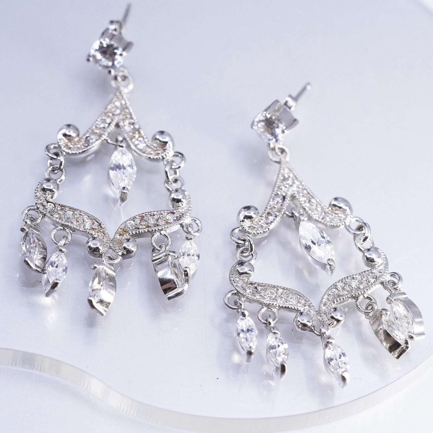 Vintage Sterling Silver CZ Chandelier Earrings, Dangles, Bridal Wedding Jewelry