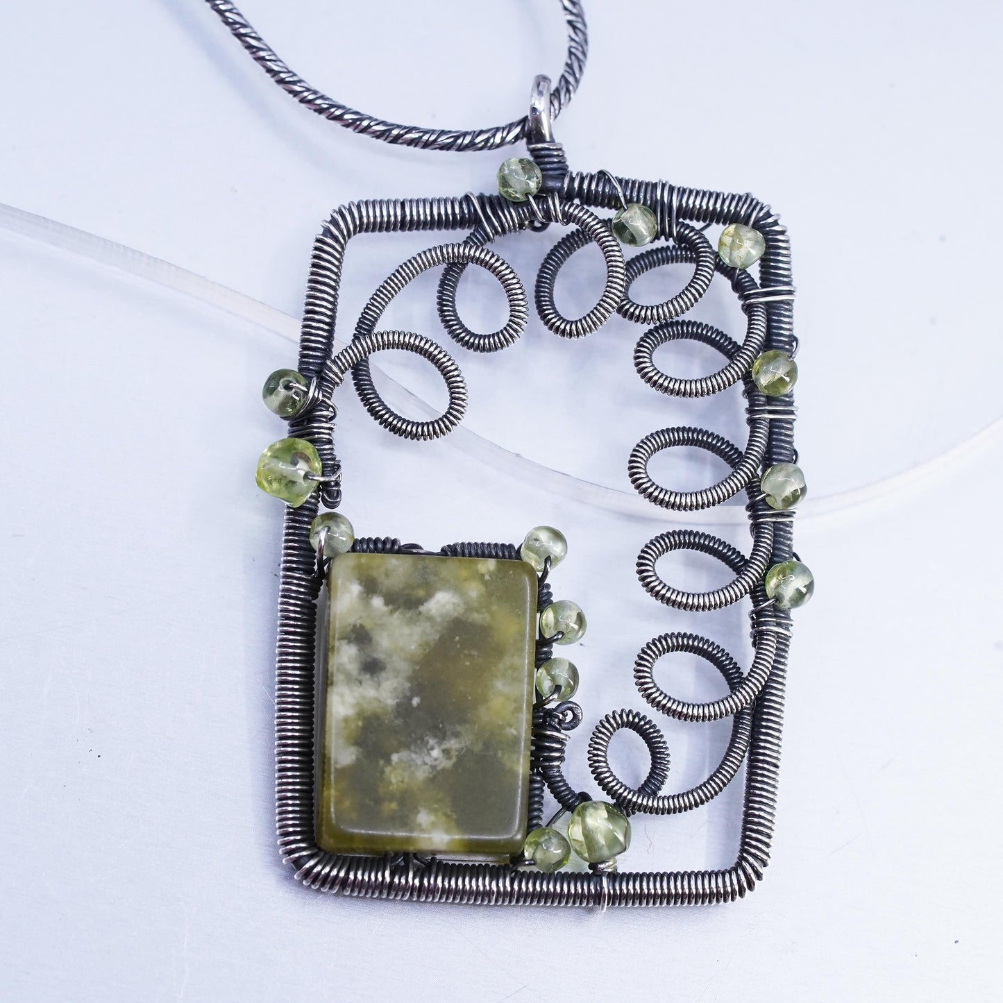 23+3", Sterling 925 silver wheat chain necklace wired rectangular jade pendant