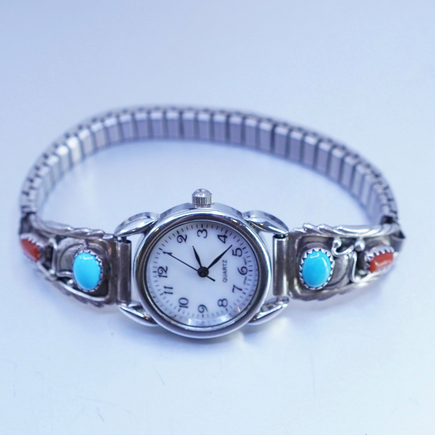 6”, Navajo Richard Begay Quartz Watch Sterling 925 silver turquoise coral Face
