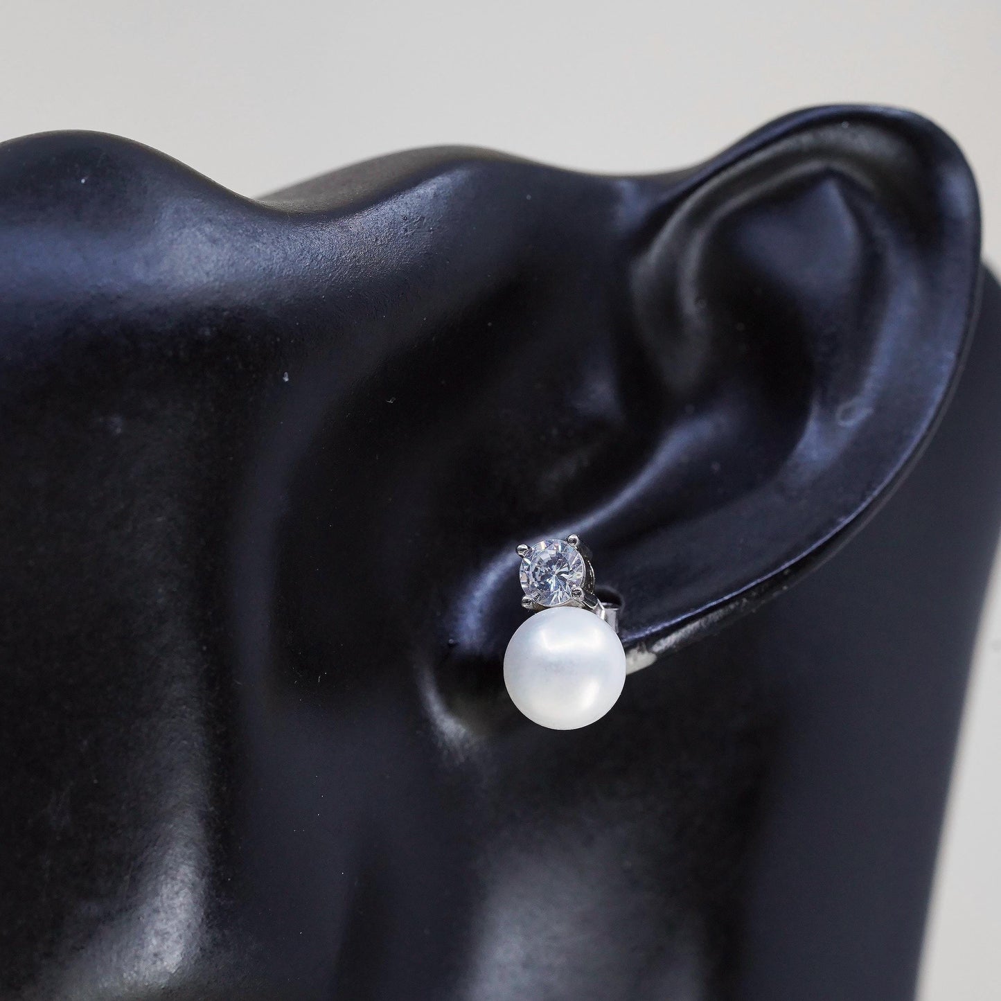 Vintage LUC sterling silver earrings, 925 studs with pearl and cz