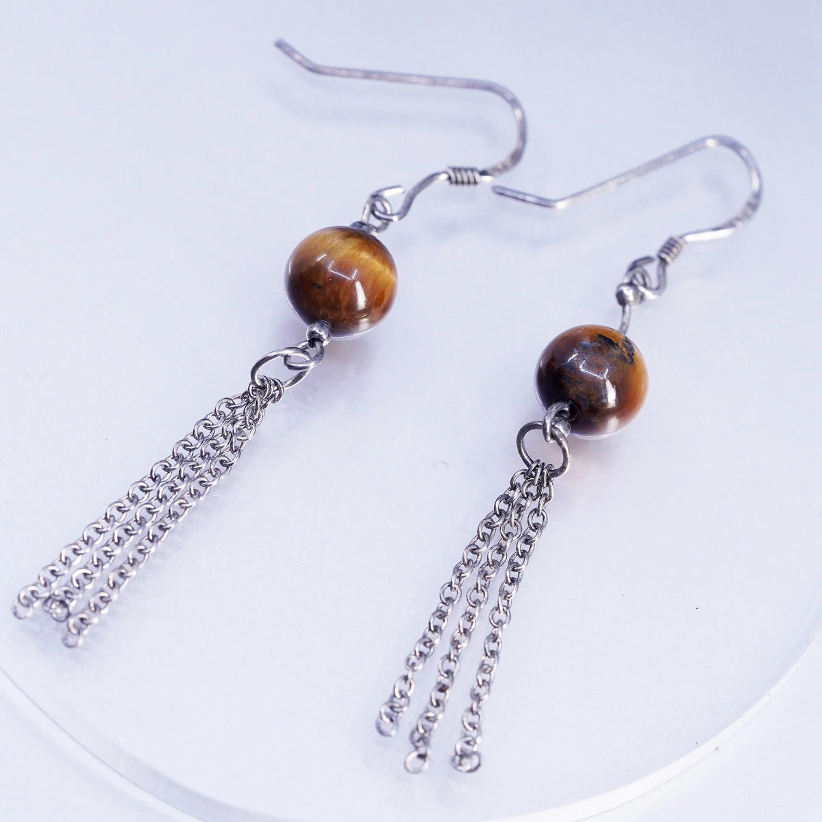 VTG Sterling Silver Handmade long chain Earrings, 925 Golden Tiger Eye beads