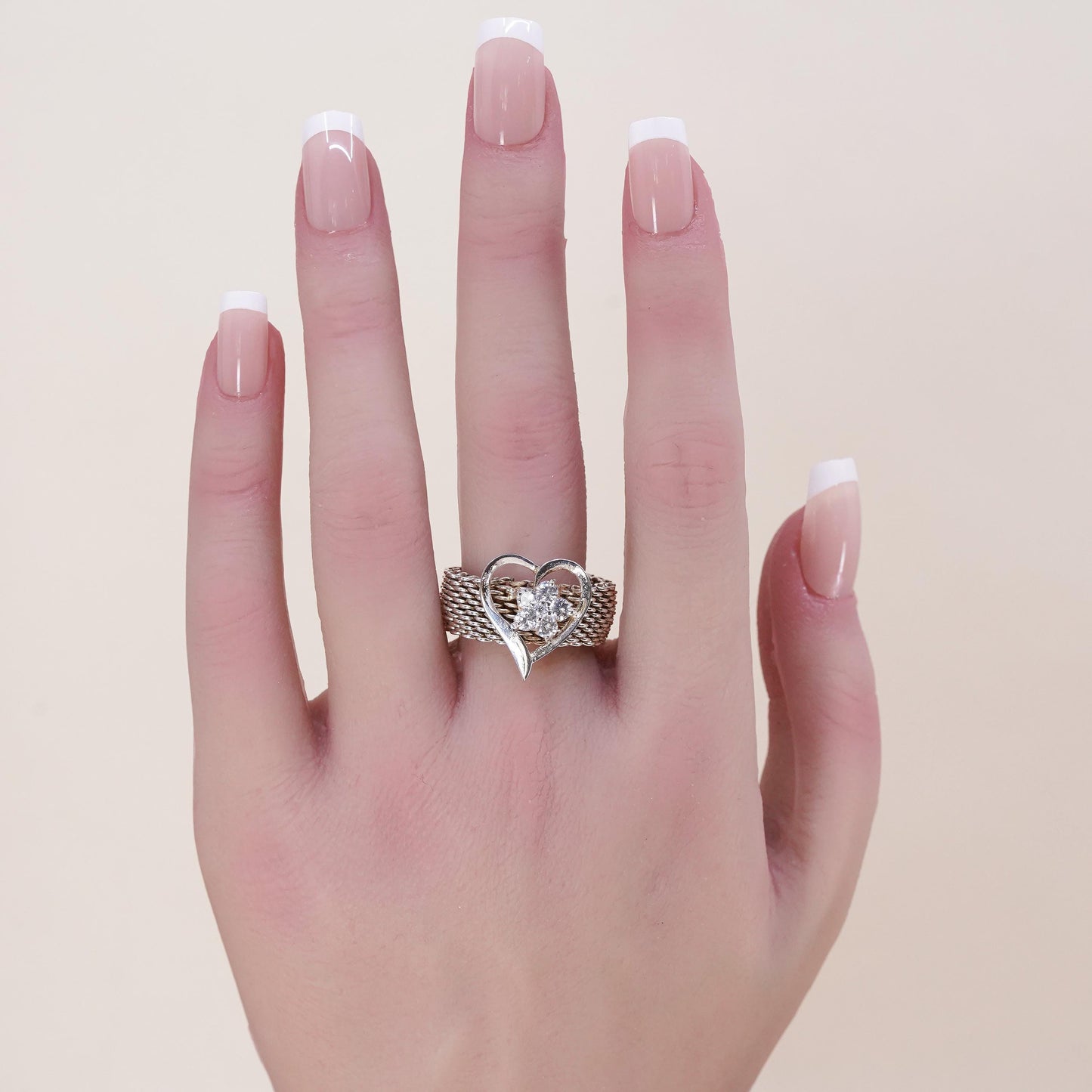 Size 8.25, Vintage sterling silver mesh chain ring, 925 band with heart and cz