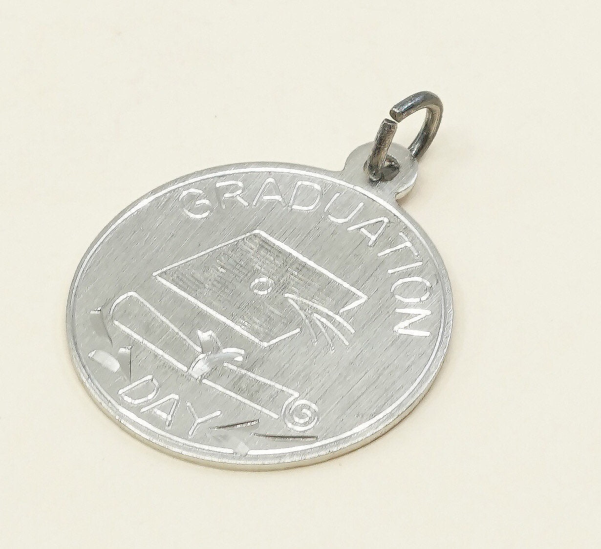 vtg sterling silver graduation pendant, 925 silver circle tag charm